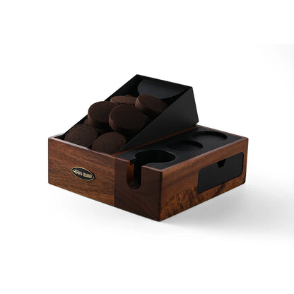 MHW-3BOMBER espresso knock box. Wood & black, holds coffee pucks & tools. Keeps counters tidy. 