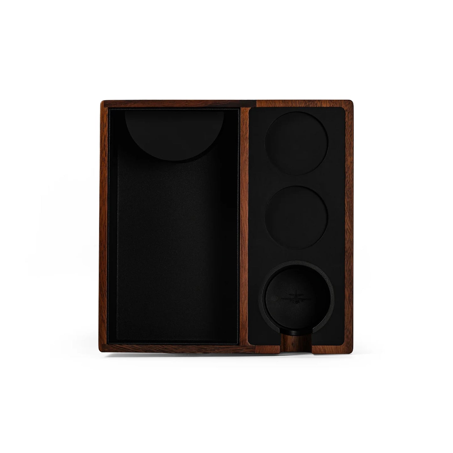 MHW-3BOMBER knock box. Walnut wood with black interior. Espresso puck removal station with tamper holder.