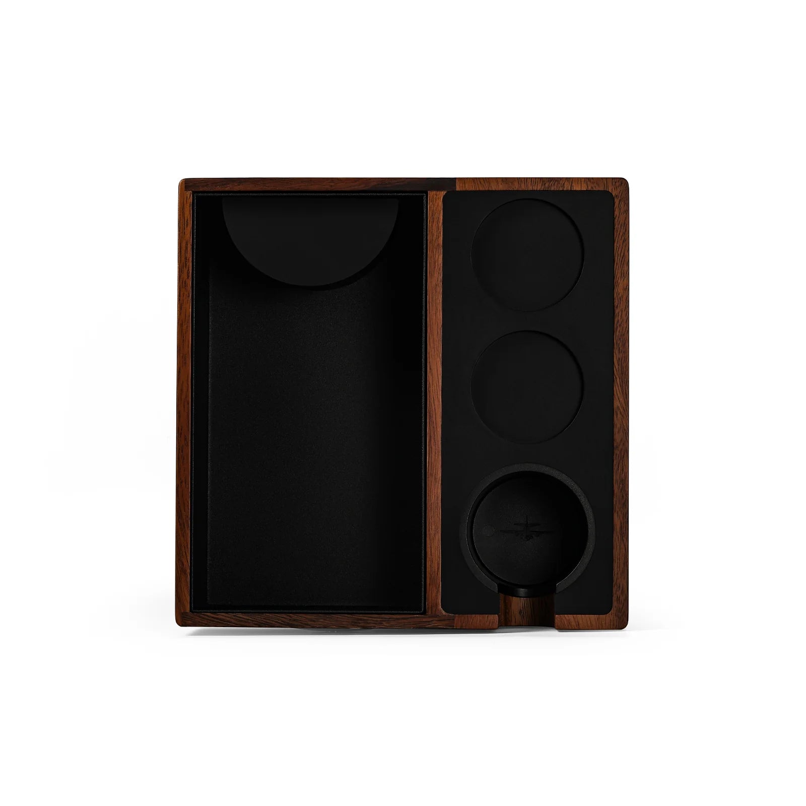 MHW-3BOMBER knock box. Walnut wood with black interior. Espresso puck removal station with tamper holder.