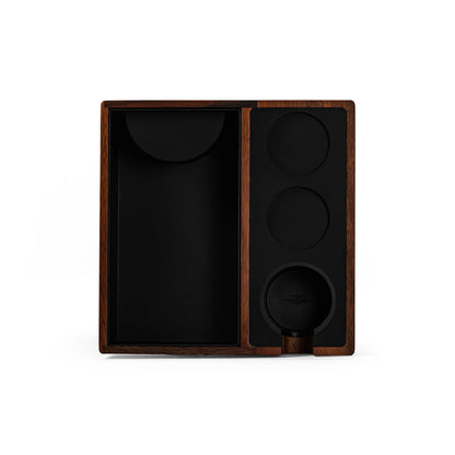 MHW-3BOMBER knock box. Walnut wood with black interior. Espresso puck removal station with tamper holder.