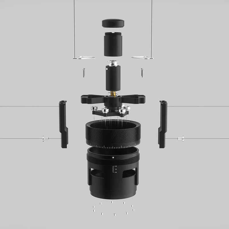 MHW-3BOMBER SE Pro WDT tool, black, exploded view showing parts. Needle distributor for espresso, stepless adjustment.