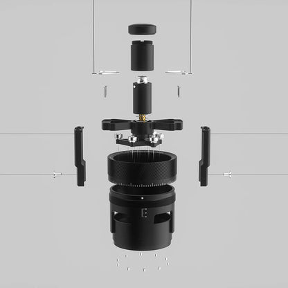 MHW-3BOMBER SE Pro WDT tool, black, exploded view showing parts. Needle distributor for espresso, stepless adjustment.