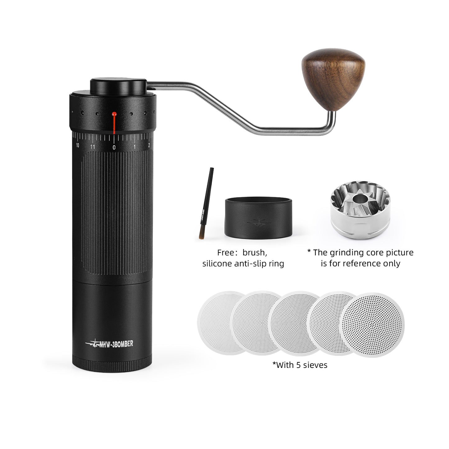 Close-up image of the MHW Bomber R3 manual coffee grinder, showcasing its sleek design, durable build, and precision grinding mechanism.