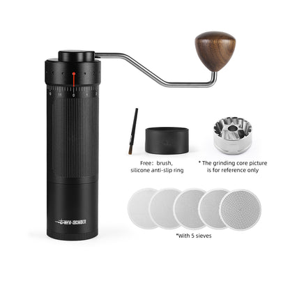 Close-up image of the MHW Bomber R3 manual coffee grinder, showcasing its sleek design, durable build, and precision grinding mechanism.