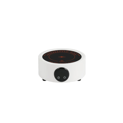 MHW-3BOMBER Electric Coffee Heater. Portable mini stove with black top, white base, & power buttons.