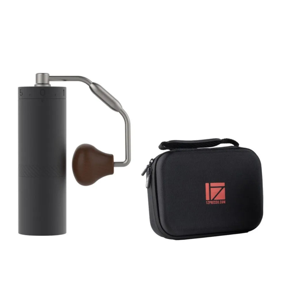 1Zpresso X-Ultra manual coffee grinder and carry case. Black grinder with folding handle. 