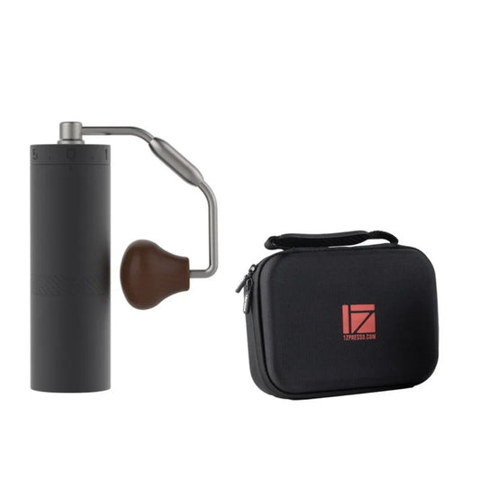 1Zpresso X-Ultra manual coffee grinder and carry case. Black grinder with folding handle. 
